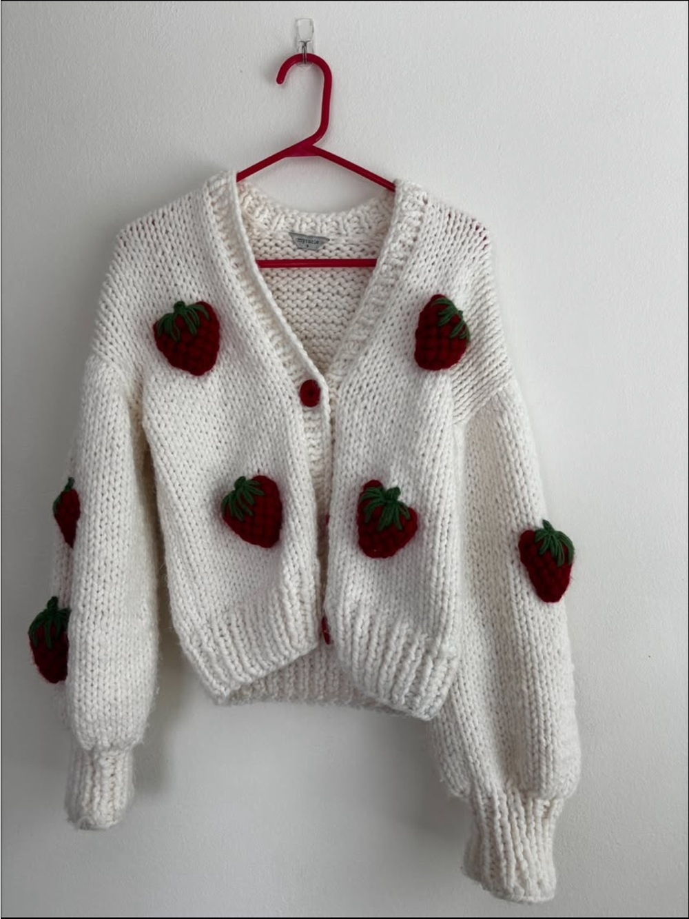 White Strawberry-Appliqué Knit Cardigan